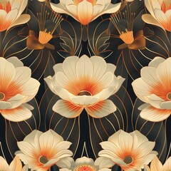 1920s Garden Party Floral Seamless Pattern with Full-Bloom Flowers

