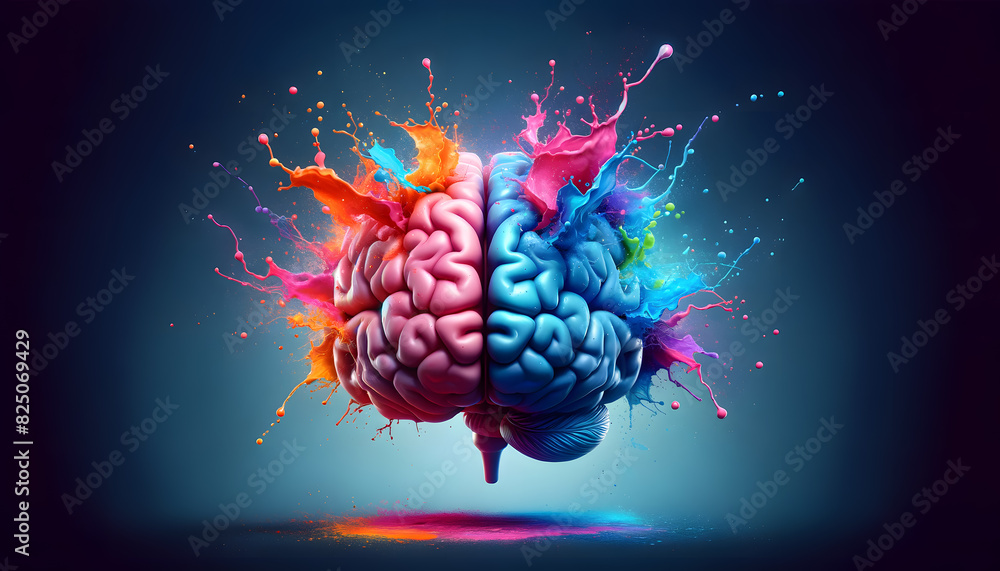 Poster a human brain with colorful paint splashes exploding from it, symbolizing creativity and innovation.