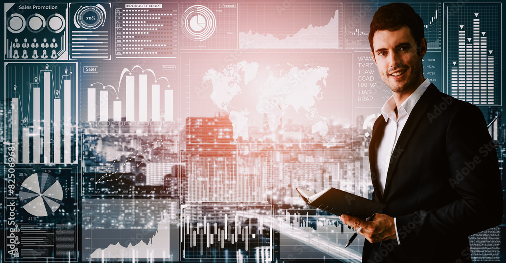 Poster data analysis for business and finance concept. interface showing future computer technology of prof