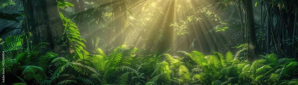 Aufkleber sunlight filtering through dense forest canopy illuminating lush green foliage, creating a serene an