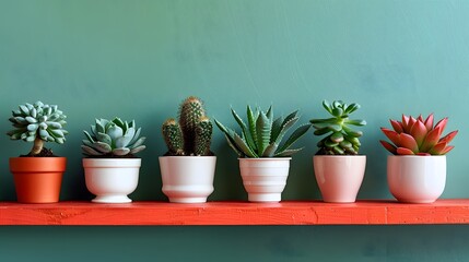 Potted plants arranged in a line on an orange shelf against a green wall, with each pot containing different types and sizes of succulents or cacti.
