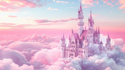 Fantasy castle on pastel clouds, ethereal, beautiful, 3D