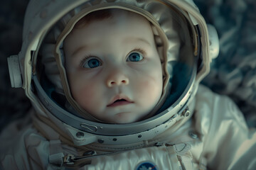 Baby child in a spacesuit, an astronaut, looks fascinated around in space at the stars, planet Earth.