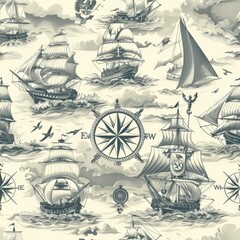 Vintage Nautical Seamless Pattern with 19th-Century Maritime Motifs


