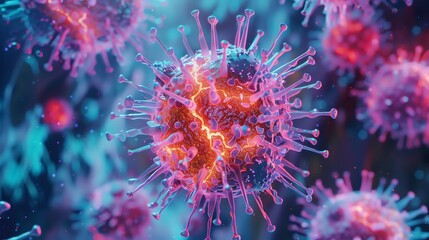 3D illustration of a virus. The virus has a spiky outer coat and is surrounded by a blue background.