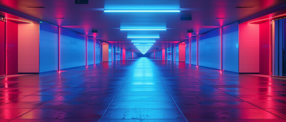 Fototapeta premium An empty, long corridor bathed in neon light, with a single vanishing point at the distant end
