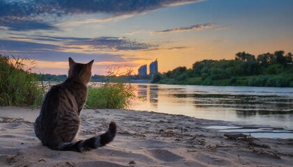 沈む夕日を背景に河原で佇む猫
