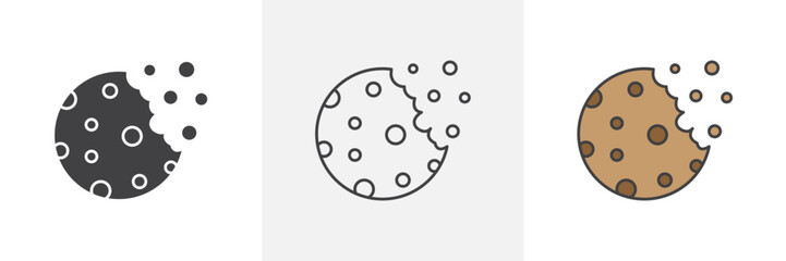 Cookie icon set. Chocolate chip biscuit vector symbol and online cookie icon.