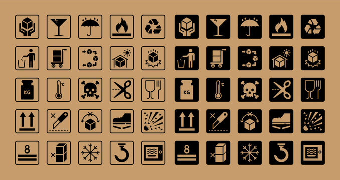 Vector icon set featuring diverse packaging labels. Includes fragile, handle with care, recyclable, and more. Perfect for product packaging, shipping, and logistics designs. High-quality and versatile