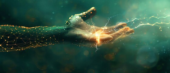 A human arm with glowing digital lines connecting its fingers, holding an energy spark in the palm of his hand, symbolizing connectivity and innovation in technology. photograph, abstract background