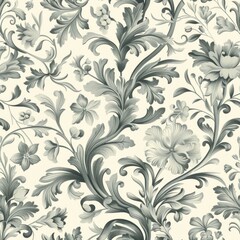 Rococo Style Seamless Pattern with Delicate Florals and Intricate Scrollwork

