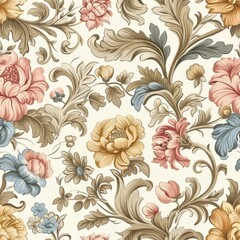Rococo Style Seamless Pattern with Delicate Florals and Intricate Scrollwork

