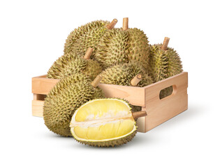 Durian fruits in wooden crate isolated on white background.