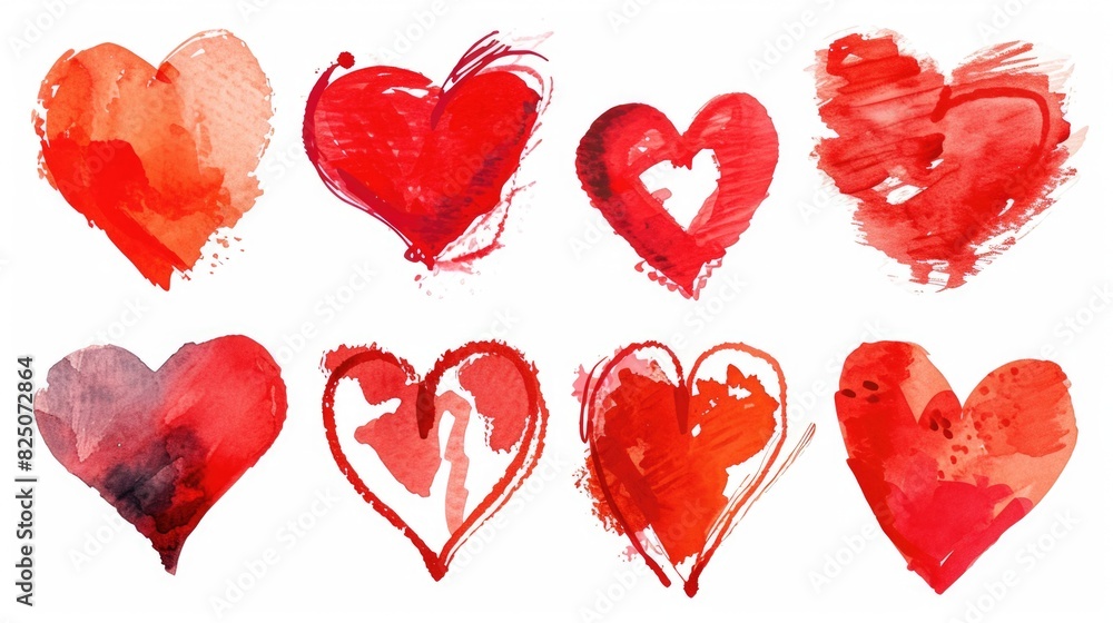 Poster a set of red hearts with varying sizes and shapes. the hearts are all painted in red and appear to b