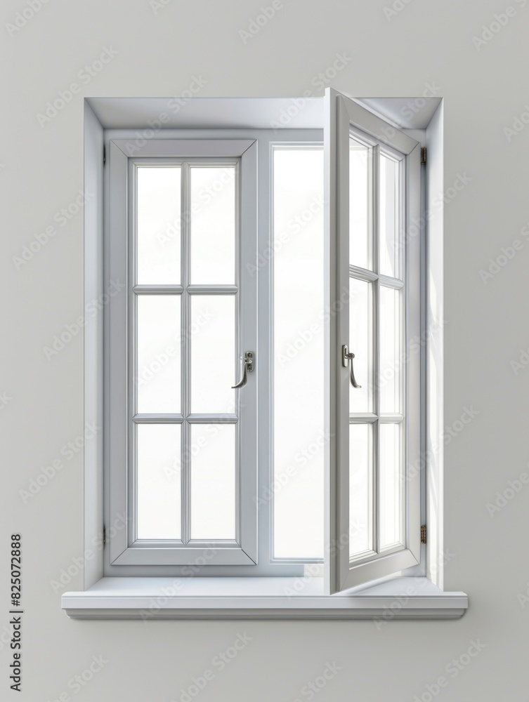Poster a window with a white frame and a white curtain is open