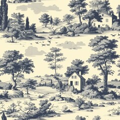 Obraz premium Vintage French Provence Toile de Jouy Seamless Pattern with Countryside Scenes