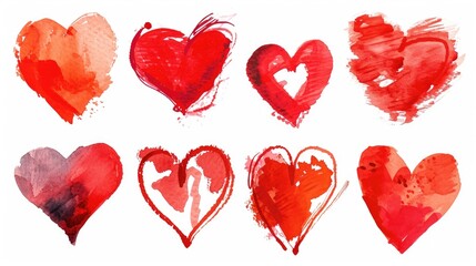 A set of red hearts with varying sizes and shapes. The hearts are all painted in red and appear to be abstract. Scene is one of love and affection