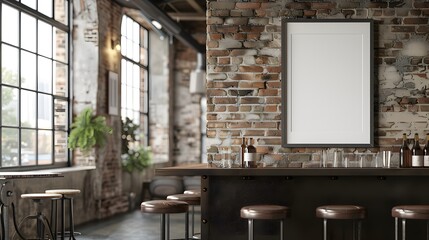 A vertical picture frame on the wall of an industrial bar. It is hanging above a leather table with stools.
 - Powered by Adobe