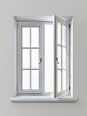 A window with a white frame and a white curtain is open
