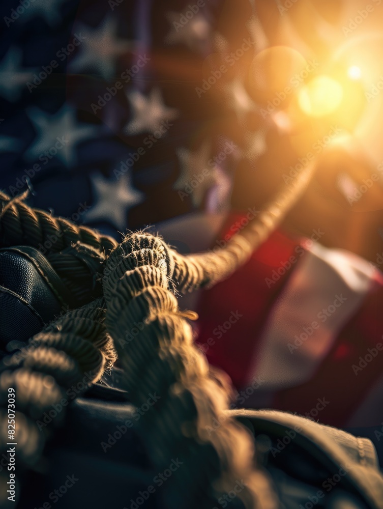 Poster a rope is tied to the american flag. the rope is tied to the flag in a way that it is not visible