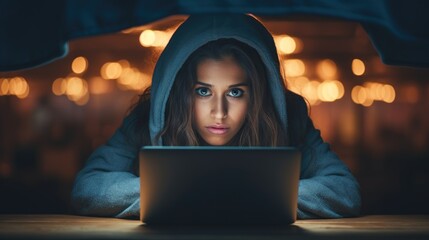 Mysterious Woman Using Laptop in Dim Light