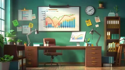 A cheerful 3D illustration depicting a bustling financial analysts desk