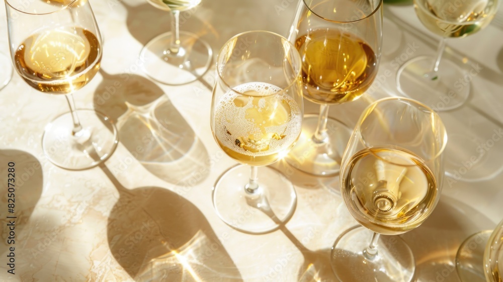 Poster a row of wine glasses with a light yellow liquid in them. the glasses are arranged in a way that cre