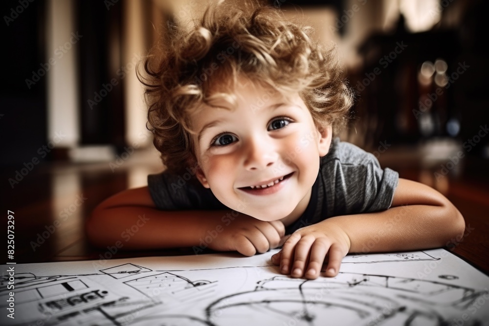 Poster a young boy is laying on the floor with a drawing of a house in front of him. he is smiling and he i