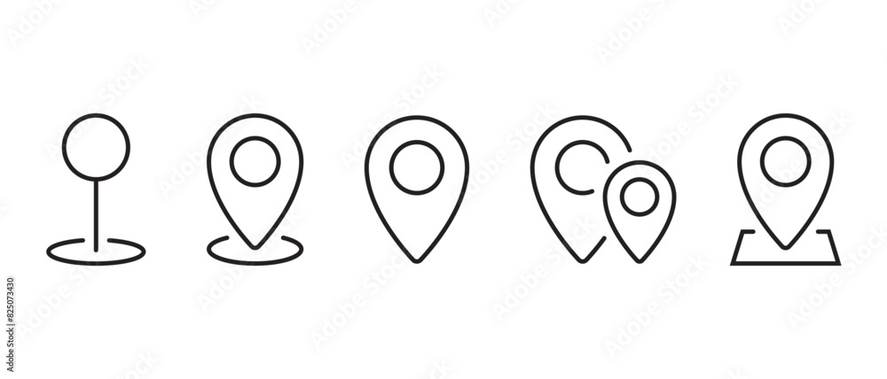 Poster set of location, pin point icon in line style. map marker, address concept. editable stroke