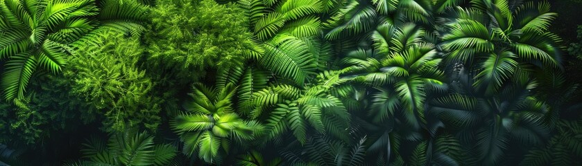 A lush, overhead view of dense green tropical foliage in a vibrant rainforest. Ideal for nature, environment, and adventure themes.