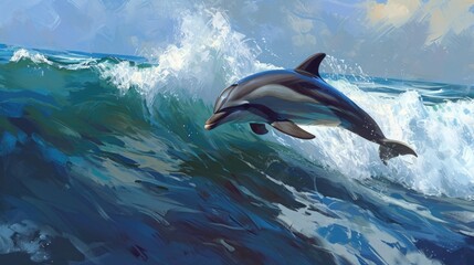 A dolphin is leaping out of the water in a wave. The painting captures the beauty and grace of the dolphin as it soars through the air. The ocean background adds a sense of depth
