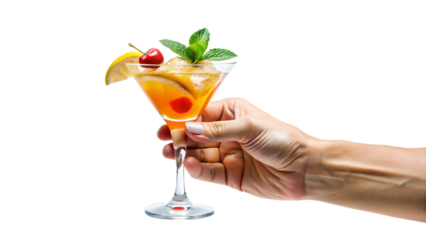 A hand holding a colorful cocktail glass filled with a refreshing drink