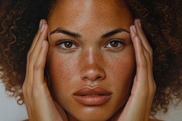 Naklejka premium A woman with brown hair and a dark skinned face is shown with her hands on her face