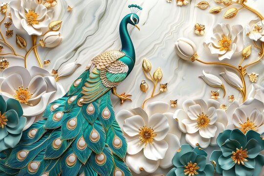 Fototapeta 3d mural peacock illustration background with golden jewelry and flowers