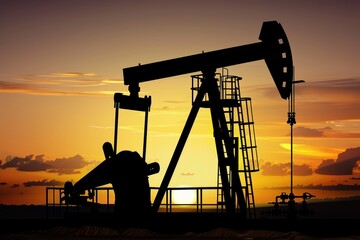 Silhouette of oil pump in operation at drilling site against stunning sunset backdrop
