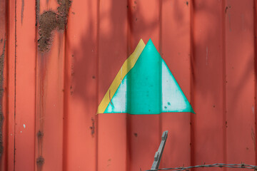 faded green triangle over yellow triangle on the exterior of a container box
