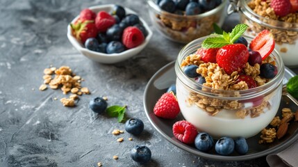 A bowl of cereal with blueberries and strawberries on top. The bowl is on a table with other bowls and a spoon