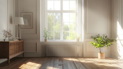 A white open almondshaped countryside style border tube llam radiators, placed on the wall in an empty room with wooden floor and window, sideboard and lamp.
