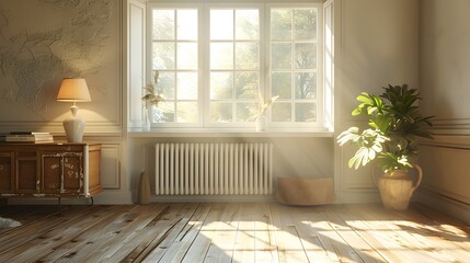 A white open almondshaped countryside style border tube llam radiators, placed on the wall in an empty room with wooden floor and window, sideboard and lamp.
