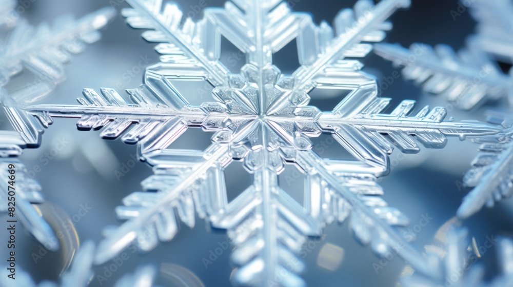 Poster a close up of a snowflake with a clear, shiny surface. the snowflake is surrounded by a blue backgro