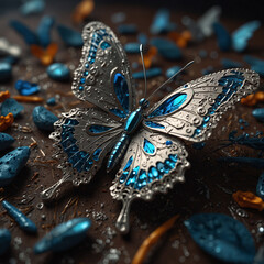Vibrant Blue Butterfly on Dewy Surface with Pebbles