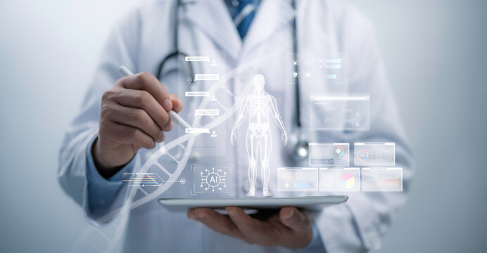 Medical worker touch virtual medical revolution and advance of technology Artificial Intelligence,AI Deep Learning for medical research,Transformation of innovation and technology for future Health