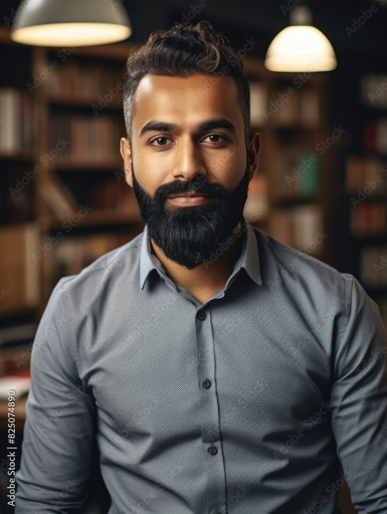 Poster A man with a beard and a gray shirt is standing in front of a bookshelf. He is smiling and looking at the camera