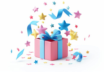 Gift box with flying blue ribbons and stars