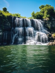 A waterfall is flowing into a pool of water. The water is green and the sky is blue