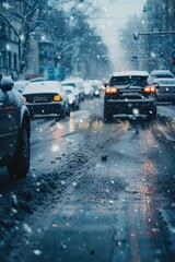 A snowy street with cars driving down it. The cars are covered in snow and the street is wet