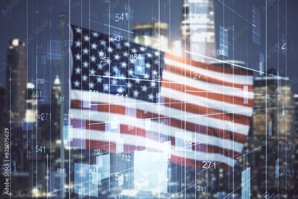 Poster multi exposure of stats data illustration on usa flag and blurry cityscape background, computing and