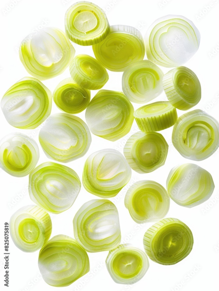 Aufkleber a close up of green onions with white tips. the onions are sliced and arranged in a pattern. concept