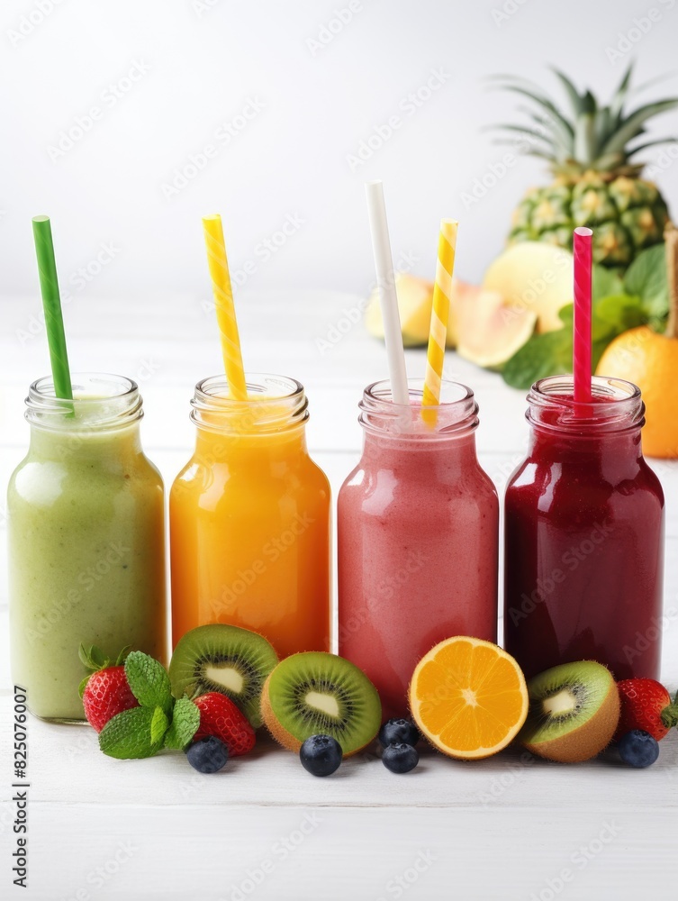 Poster a row of colorful smoothies with straws in them and fruit on the table. the smoothies are in differe