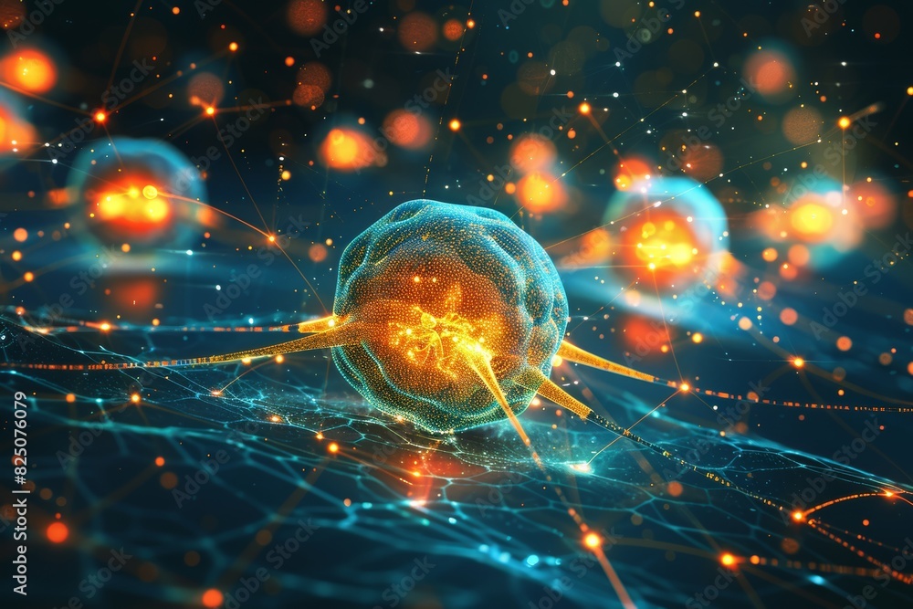 Poster captivating 3d microbiology visualization intricate nerve cell network with copy space
